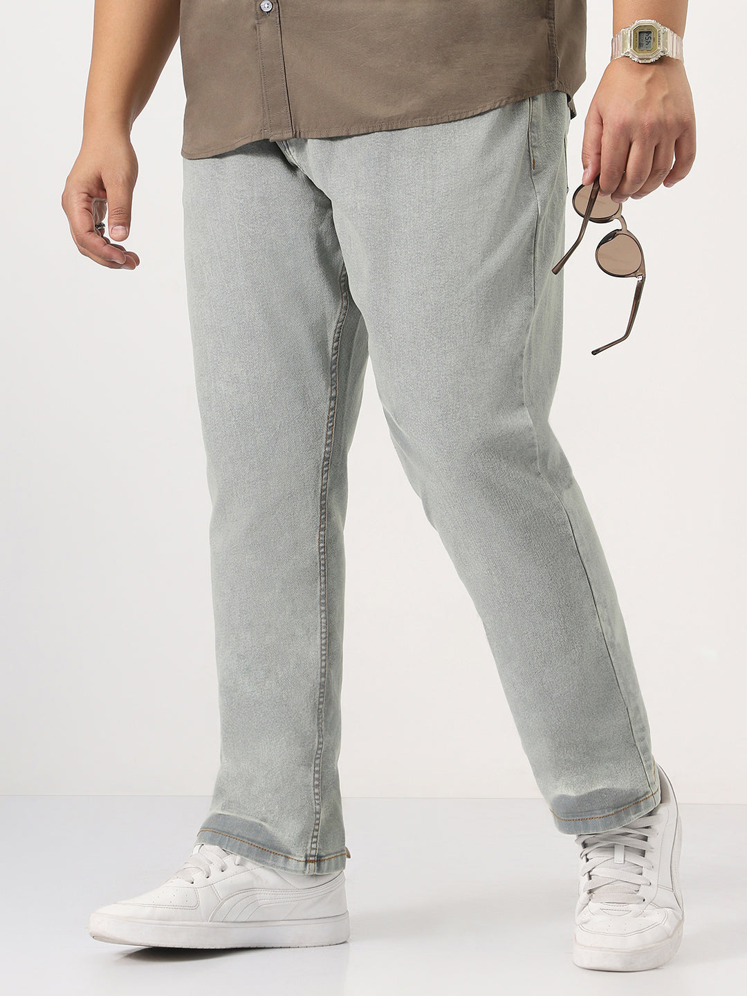 Plus Men's Ice Grey Straight Fit Heavy Washed Jeans Stretchable