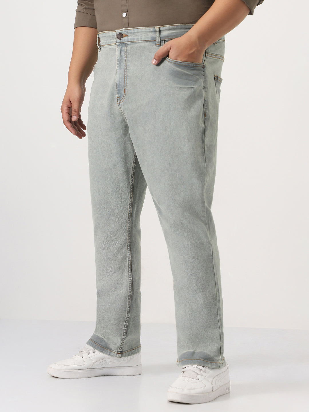 Plus Men's Ice Grey Straight Fit Heavy Washed Jeans Stretchable
