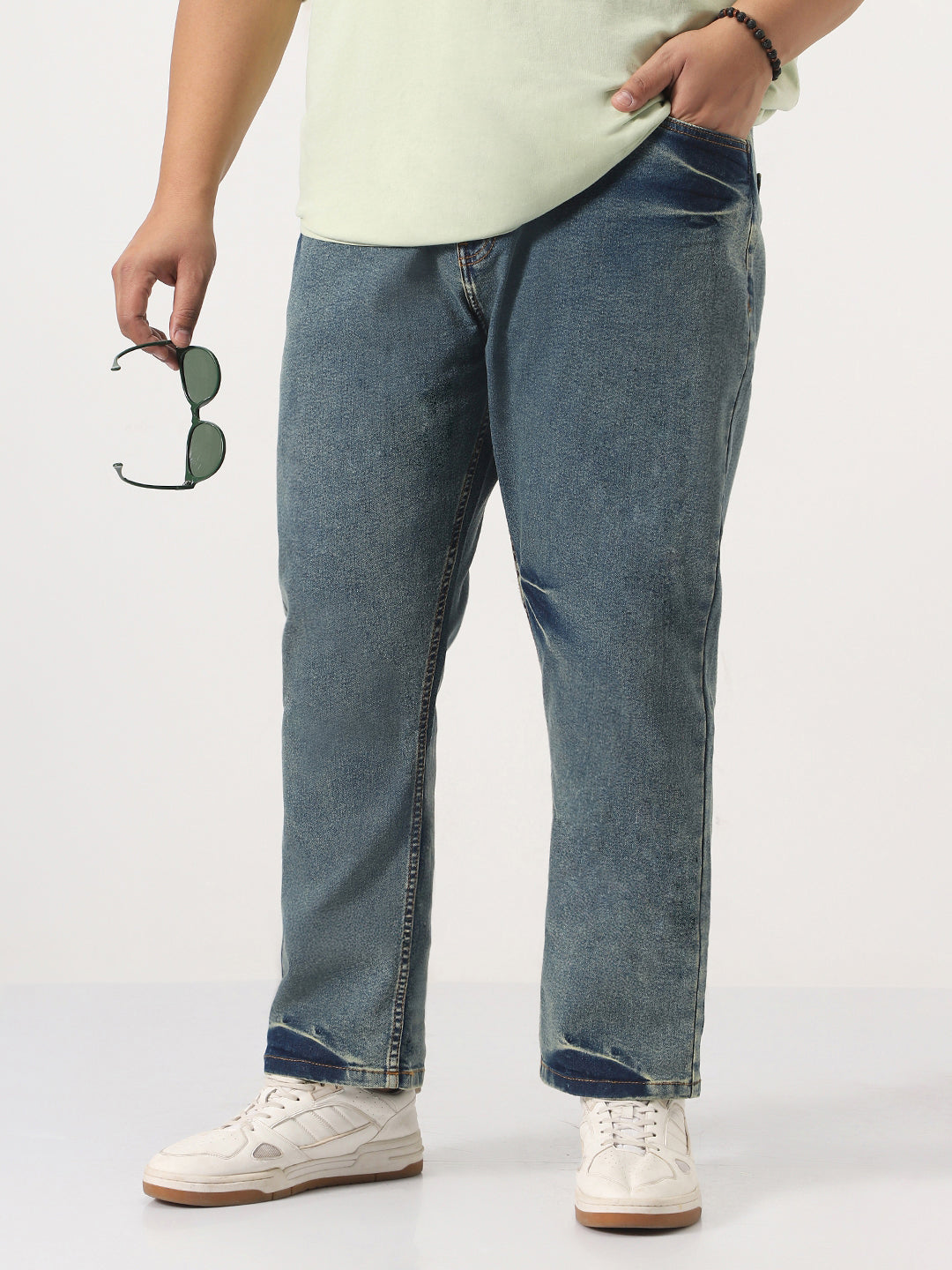 Plus Men's Light Blue Straight Fit Heavy Washed Jeans Stretchable