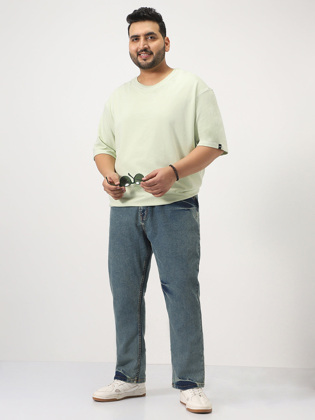 Plus Men's Light Blue Straight Fit Heavy Washed Jeans Stretchable