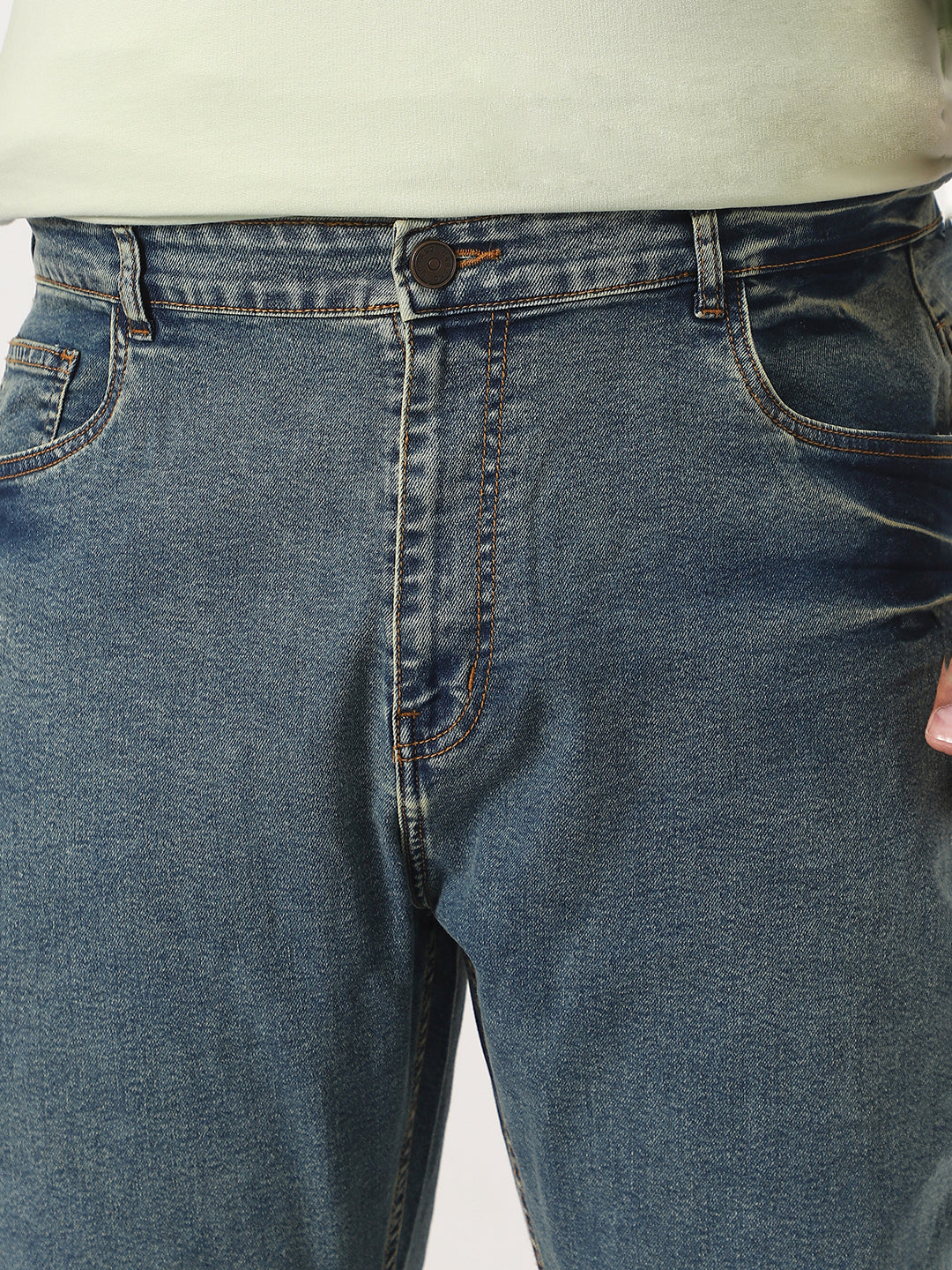 Plus Men's Light Blue Straight Fit Heavy Washed Jeans Stretchable