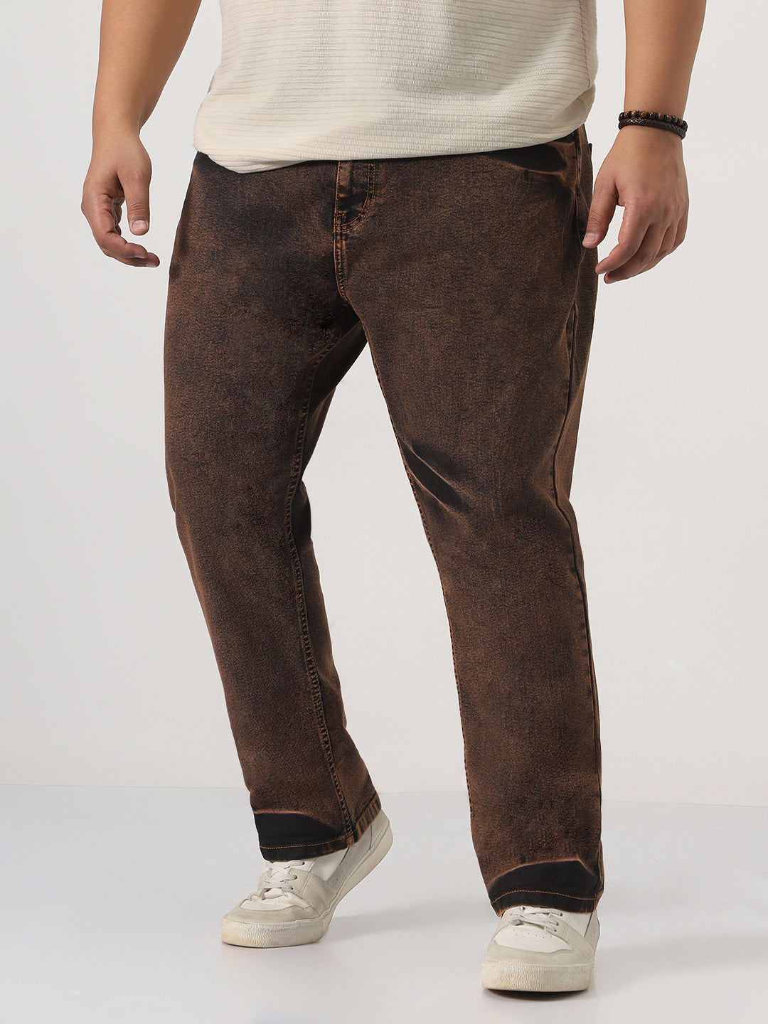 Plus Men's Light Brown Straight Fit Heavy Washed Jeans Stretchable