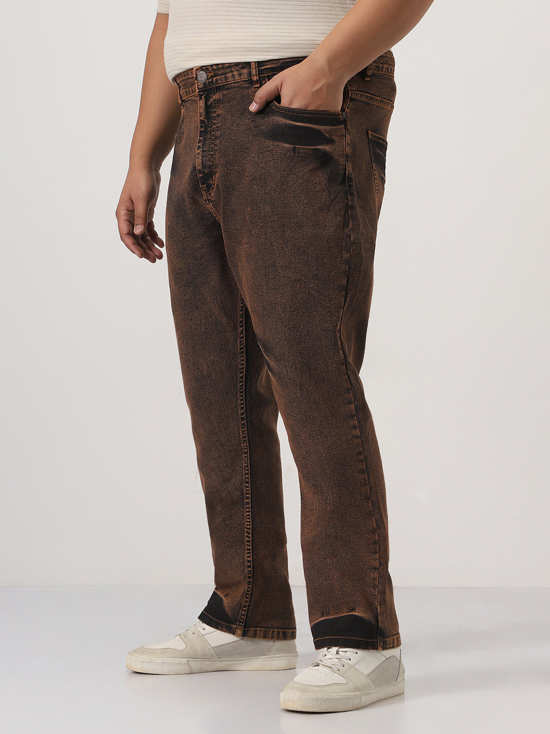 Plus Men's Light Brown Straight Fit Heavy Washed Jeans Stretchable