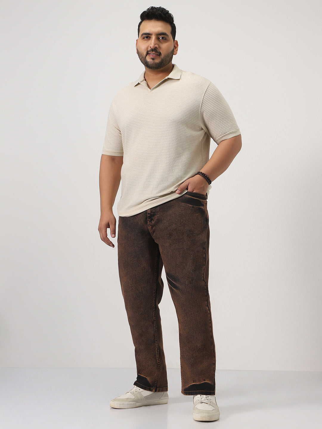 Plus Men's Light Brown Straight Fit Heavy Washed Jeans Stretchable