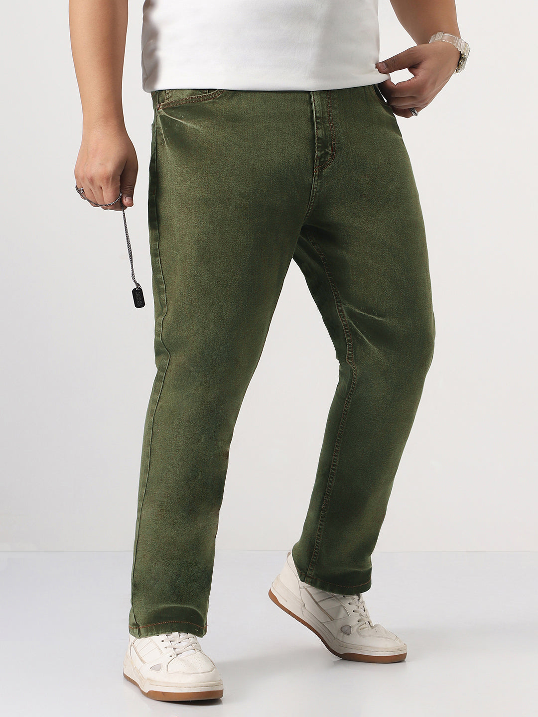 Plus Men's Light Green Straight Fit Heavy Washed Jeans Stretchable