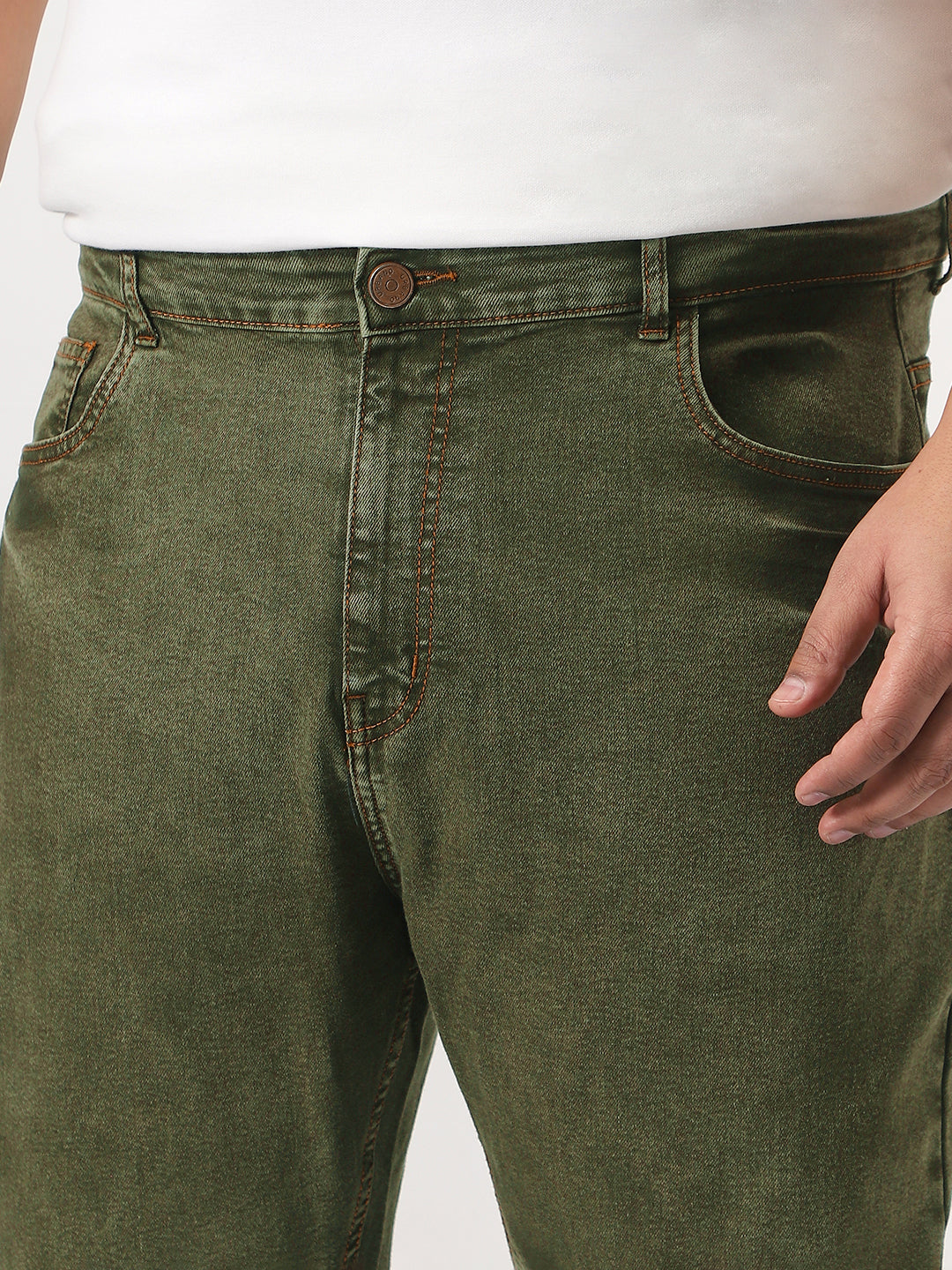 Plus Men's Light Green Straight Fit Heavy Washed Jeans Stretchable