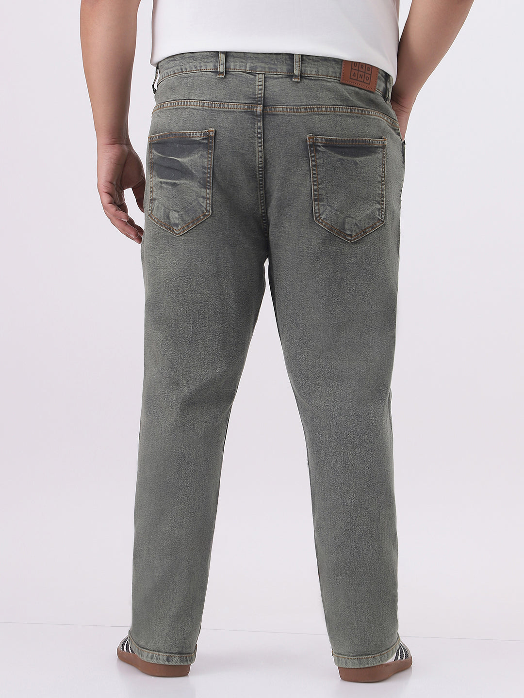 Plus Men's Light Grey Straight Fit Heavy Washed Jeans Stretchable