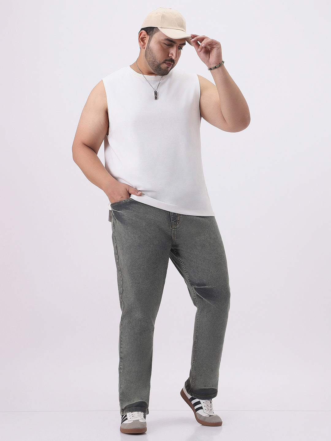 Plus Men's Light Grey Straight Fit Heavy Washed Jeans Stretchable