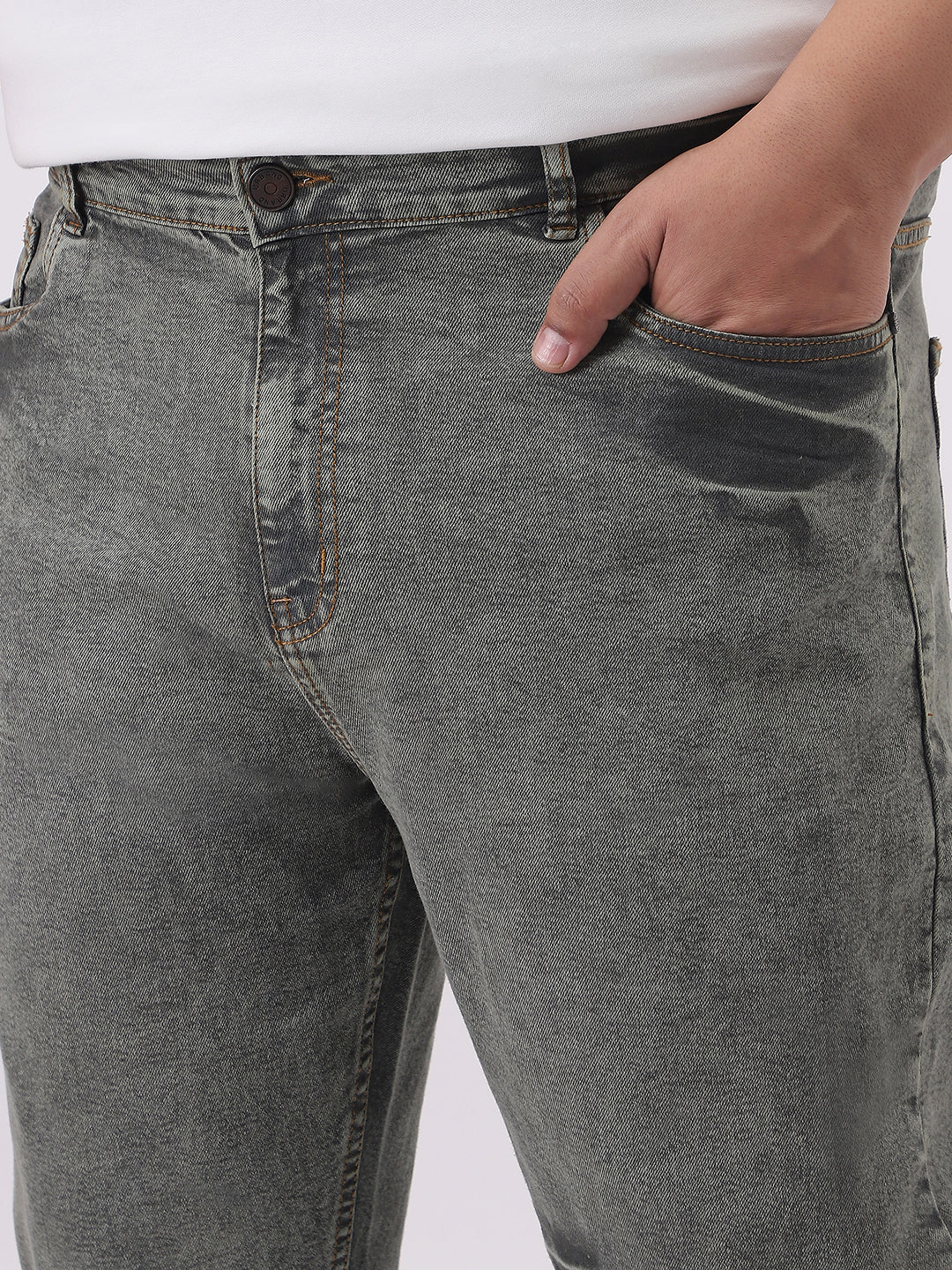 Plus Men's Light Grey Straight Fit Heavy Washed Jeans Stretchable