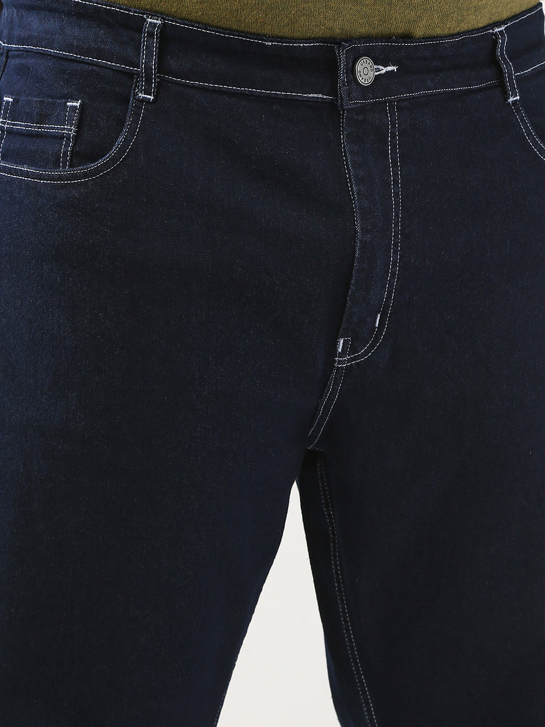 Plus Men's Dark Blue Straight Fit Washed Jeans Stretchable