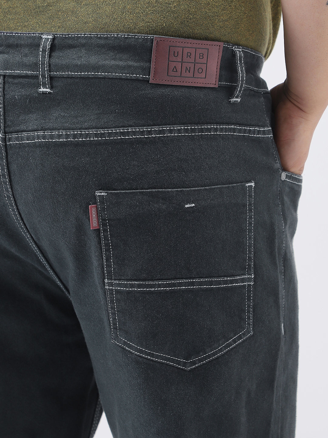 Plus Men's Dark Grey Straight Fit Washed Jeans Stretchable