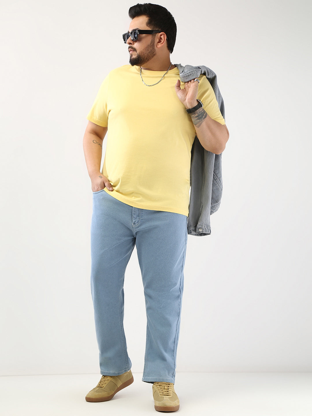 Plus Men's Ice Blue Straight Fit Washed Jeans Stretchable
