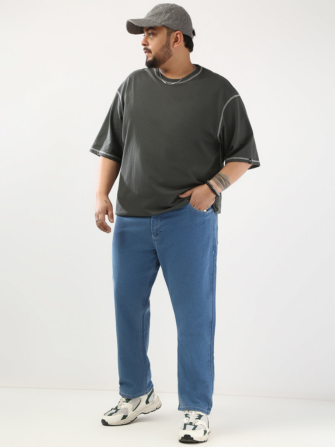 Plus Men's Light Blue Straight Fit Washed Jeans Stretchable