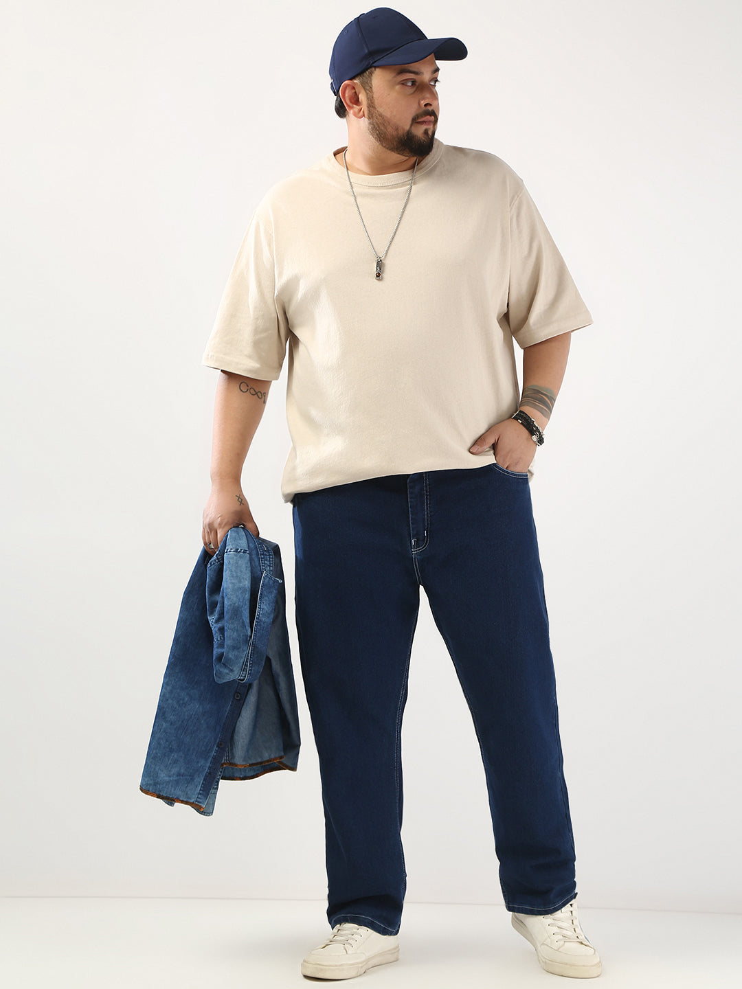 Plus Men's Blue Straight Fit Washed Jeans Stretchable