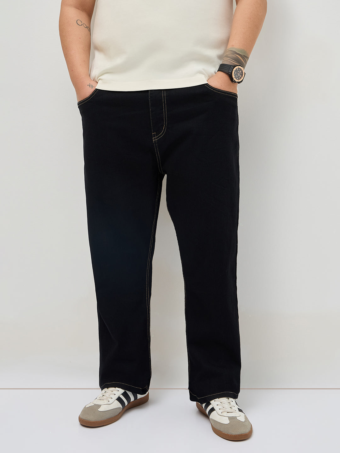 Plus Men's Black Straight Fit Raw Washed Denim Jeans Stretchable