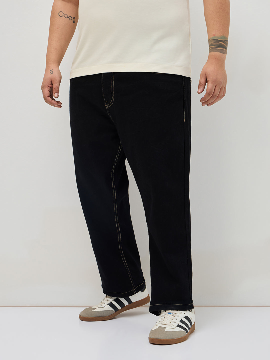 Plus Men's Black Straight Fit Raw Washed Denim Jeans Stretchable