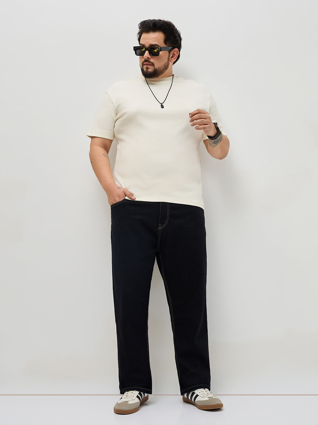 Plus Men's Black Straight Fit Raw Washed Denim Jeans Stretchable