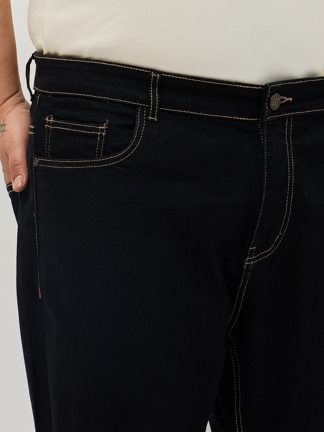 Plus Men's Black Straight Fit Raw Washed Denim Jeans Stretchable