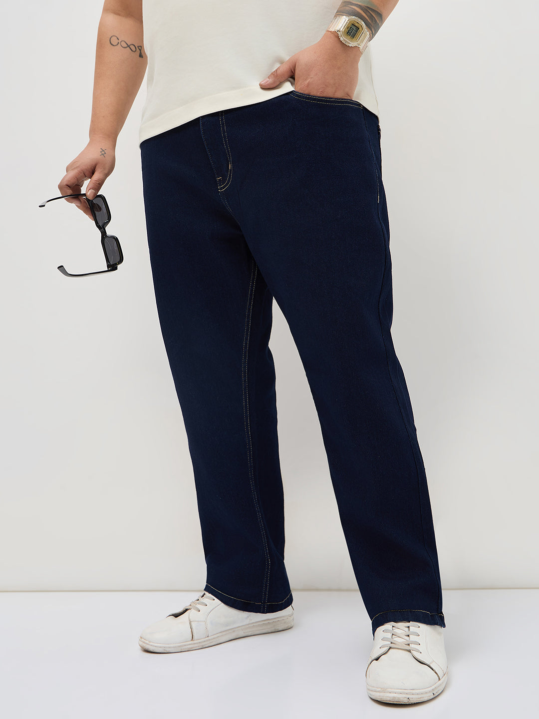 Plus Men's Dark Blue Straight Fit Raw Washed Denim Jeans Stretchable