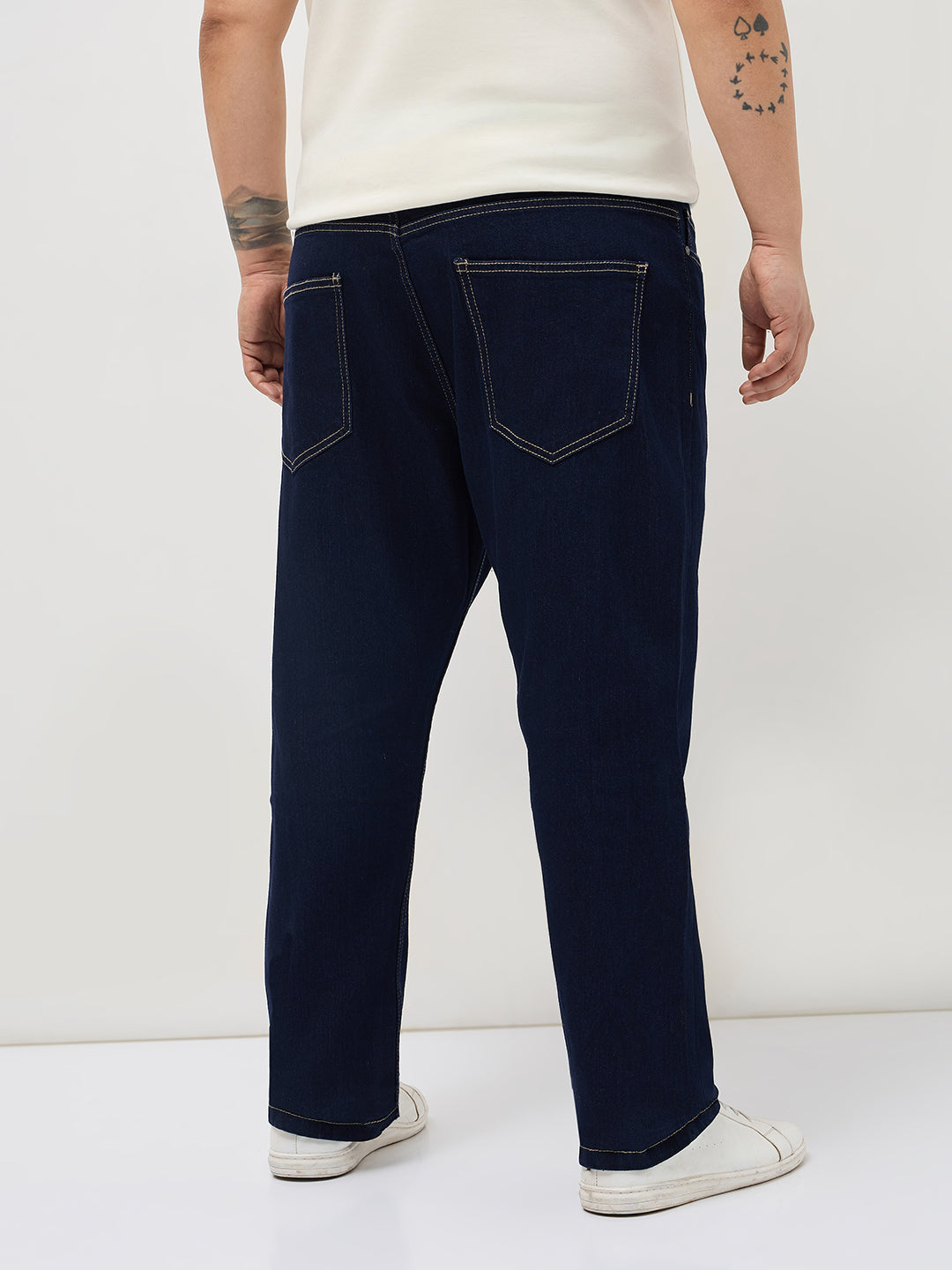 Plus Men's Dark Blue Straight Fit Raw Washed Denim Jeans Stretchable