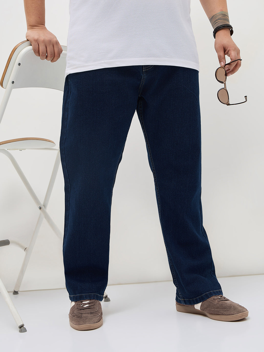 Plus Men's Blue Straight Fit Raw Washed Denim Jeans Stretchable