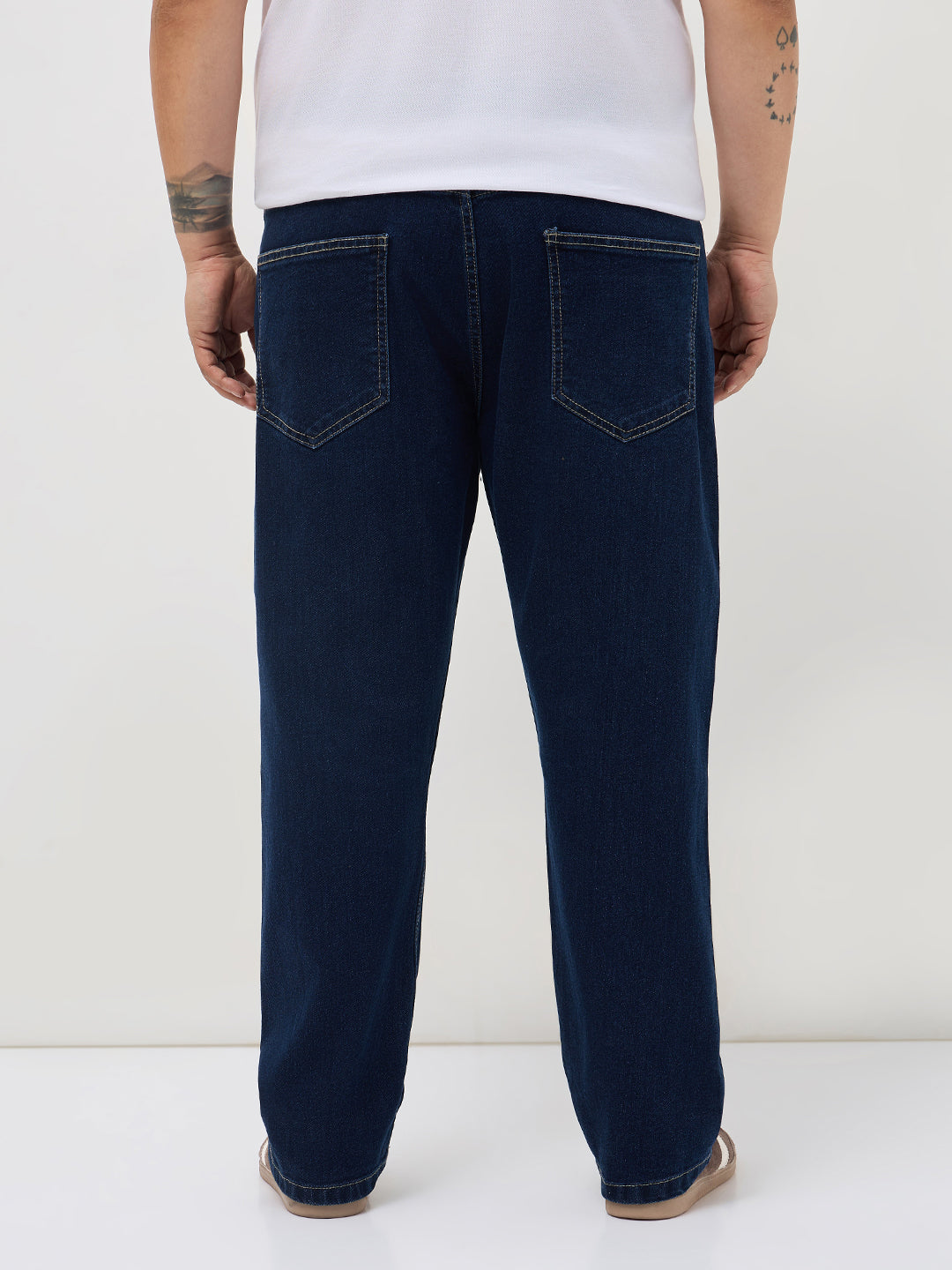 Plus Men's Blue Straight Fit Raw Washed Denim Jeans Stretchable