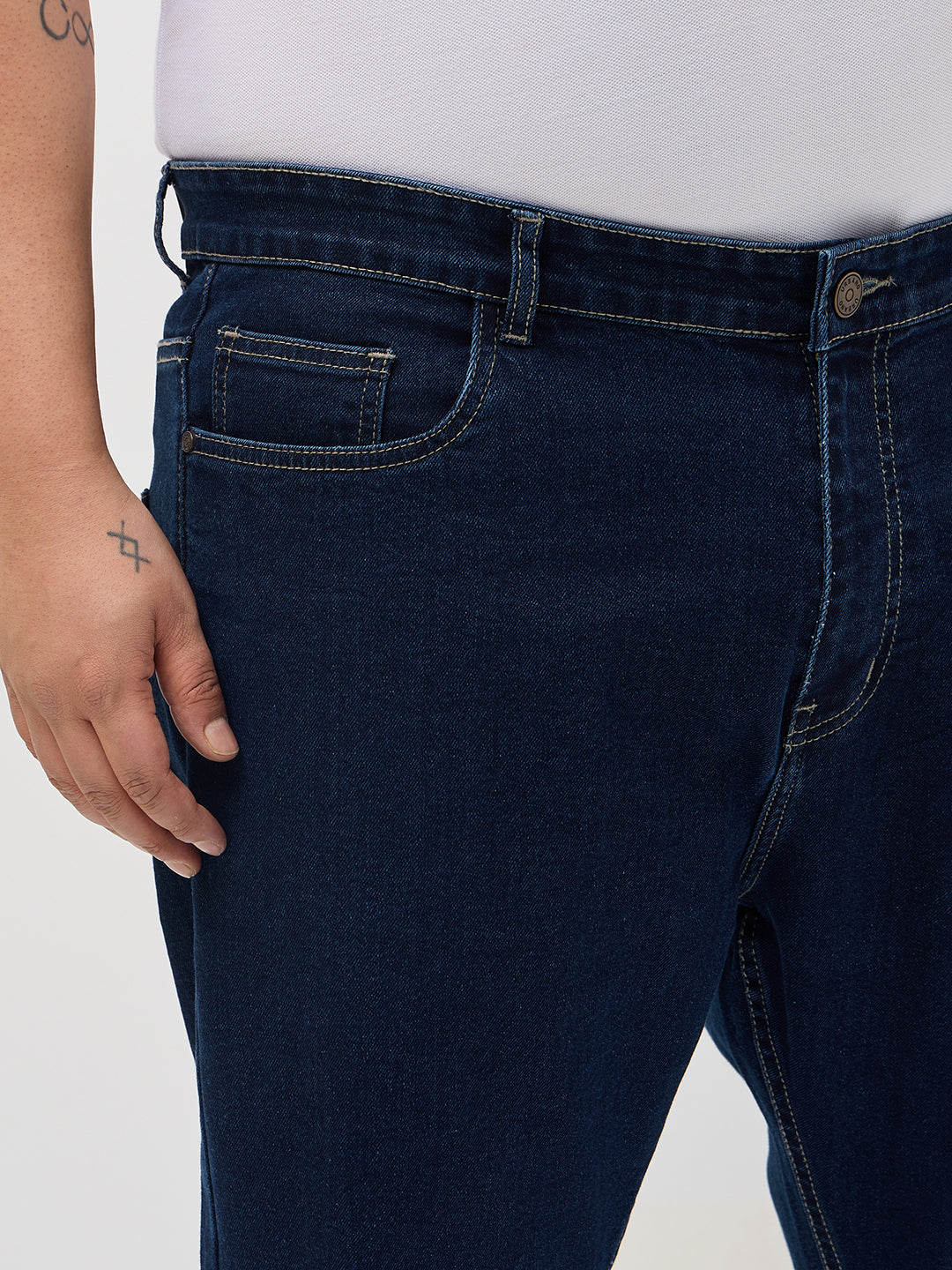 Plus Men's Blue Straight Fit Raw Washed Denim Jeans Stretchable