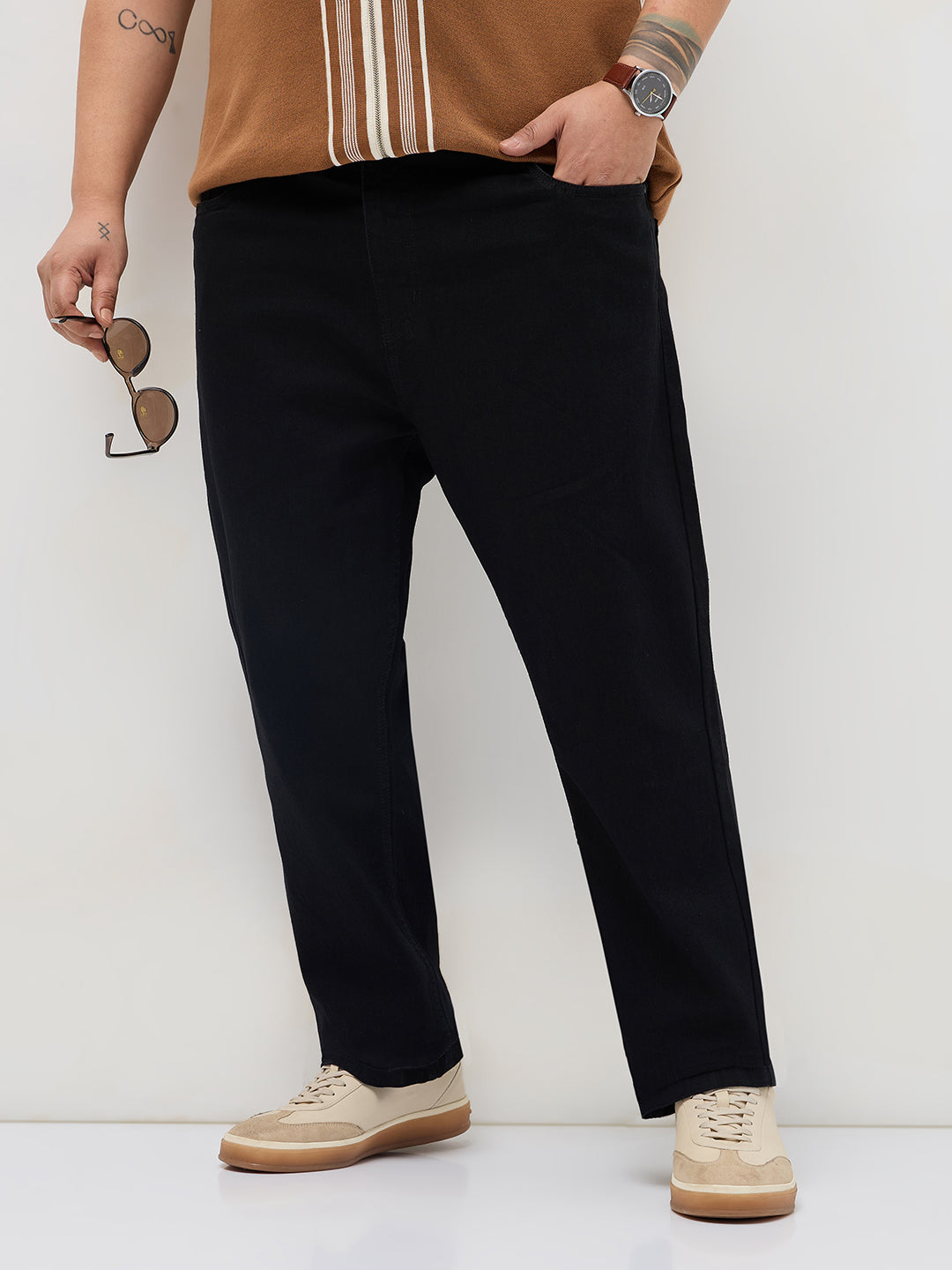 Plus Men's Black Straight Fit Raw Washed Denim Jeans Stretchable