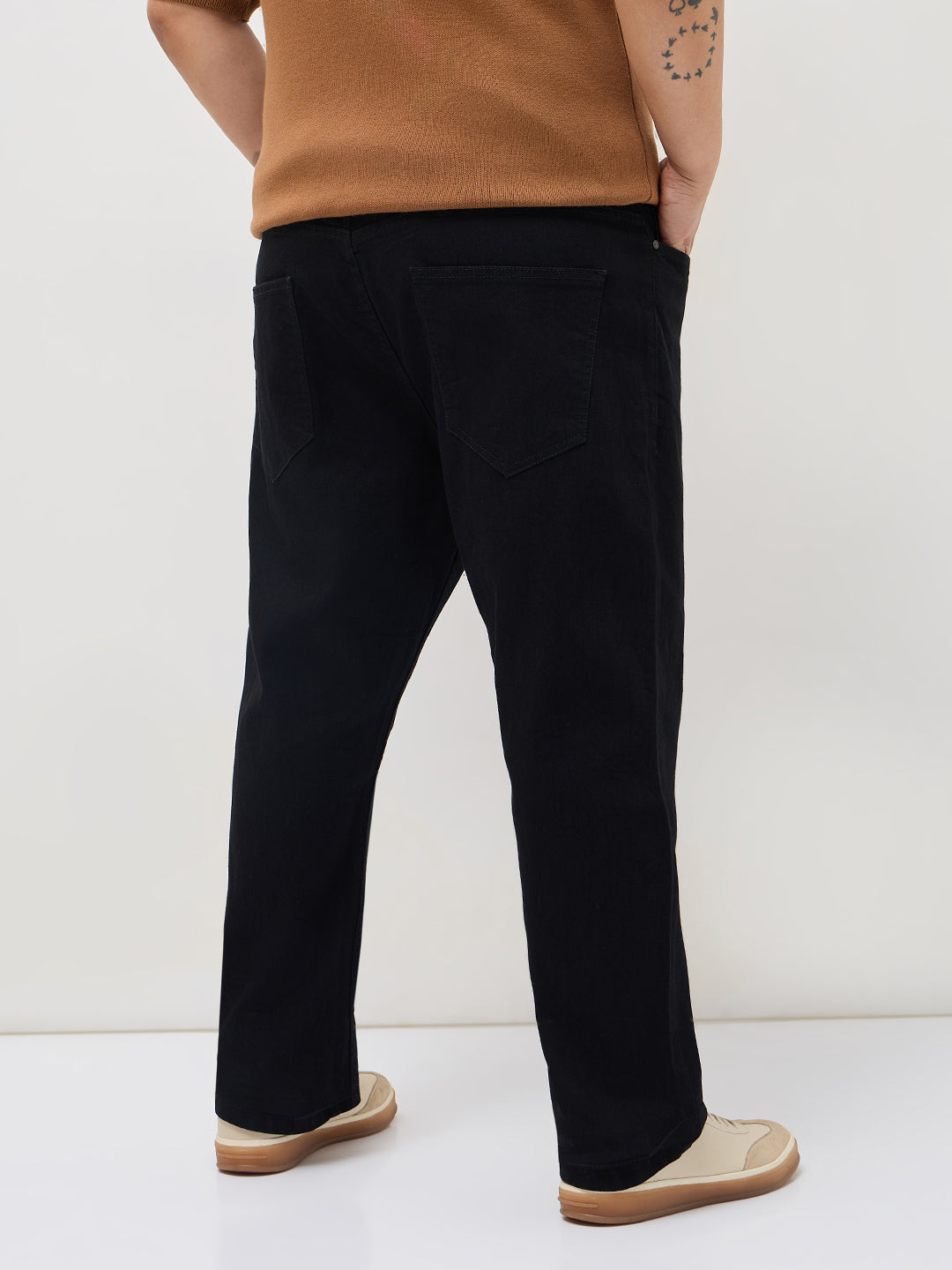 Plus Men's Black Straight Fit Raw Washed Denim Jeans Stretchable