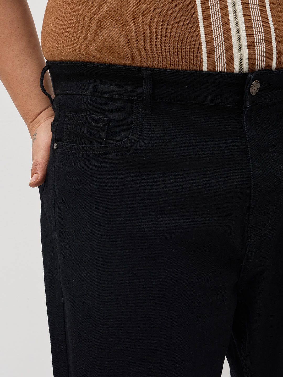 Plus Men's Black Straight Fit Raw Washed Denim Jeans Stretchable