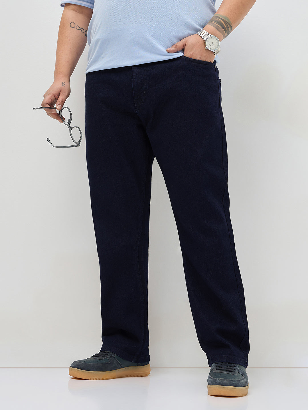 Plus Men's Dark Blue Straight Fit Raw Washed Denim Jeans Stretchable