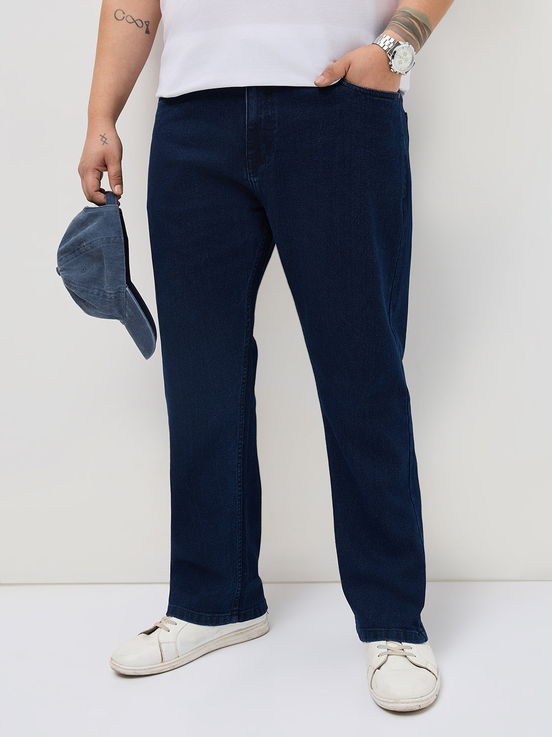 Plus Men's Blue Straight Fit Raw Washed Denim Jeans Stretchable