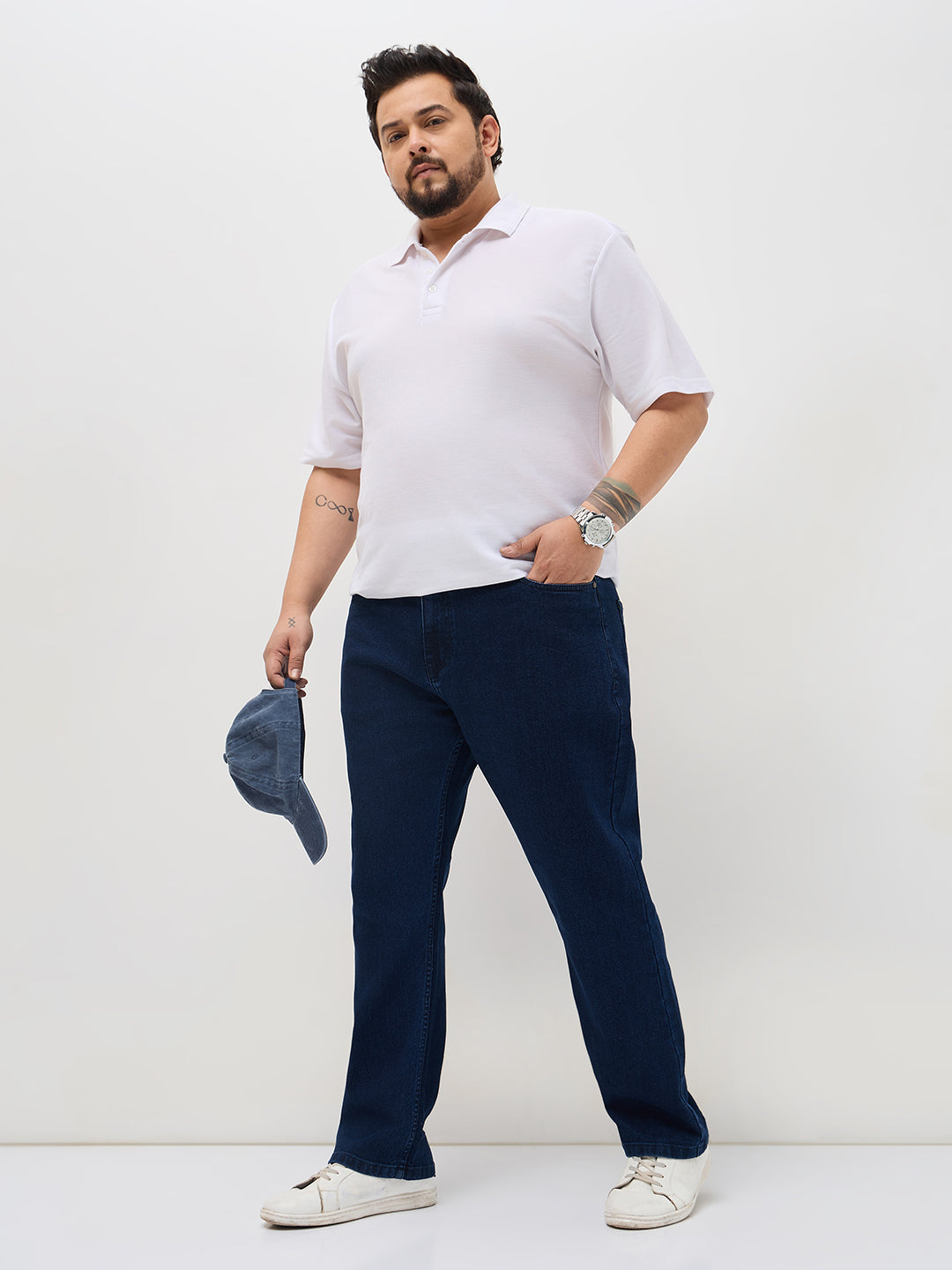 Plus Men's Blue Straight Fit Raw Washed Denim Jeans Stretchable