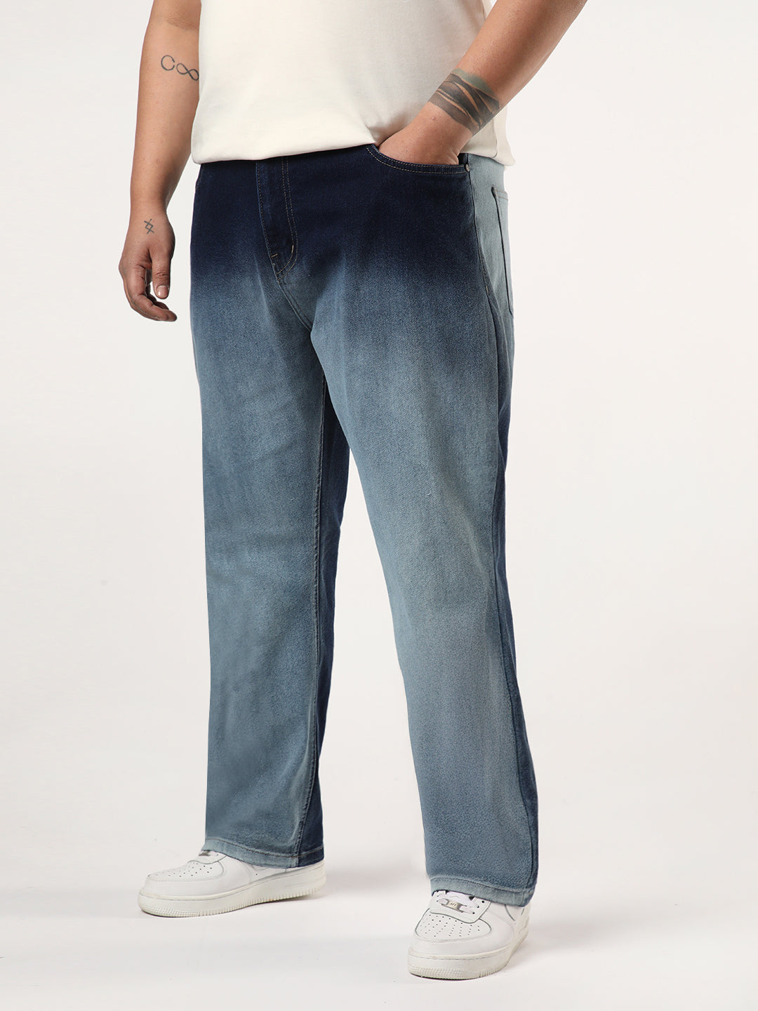 Plus Men's Dark Blue Straight Fit Heavy Washed Faded Denim Jeans Stretchable