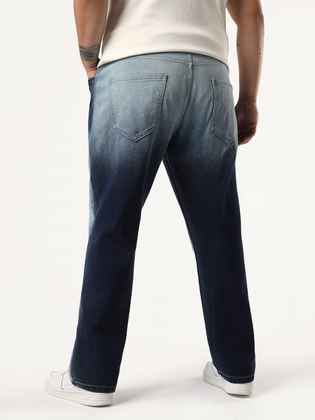Plus Men's Dark Blue Straight Fit Heavy Washed Faded Denim Jeans Stretchable