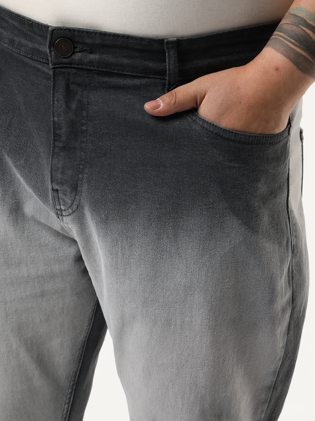 Plus Men's Dark Grey Straight Fit Heavy Washed Faded Denim Jeans Stretchable