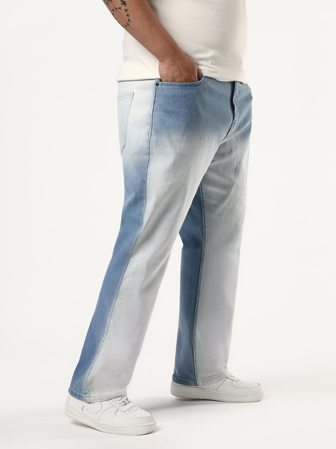 Plus Men's Ice Blue Straight Fit Heavy Washed Faded Denim Jeans Stretchable