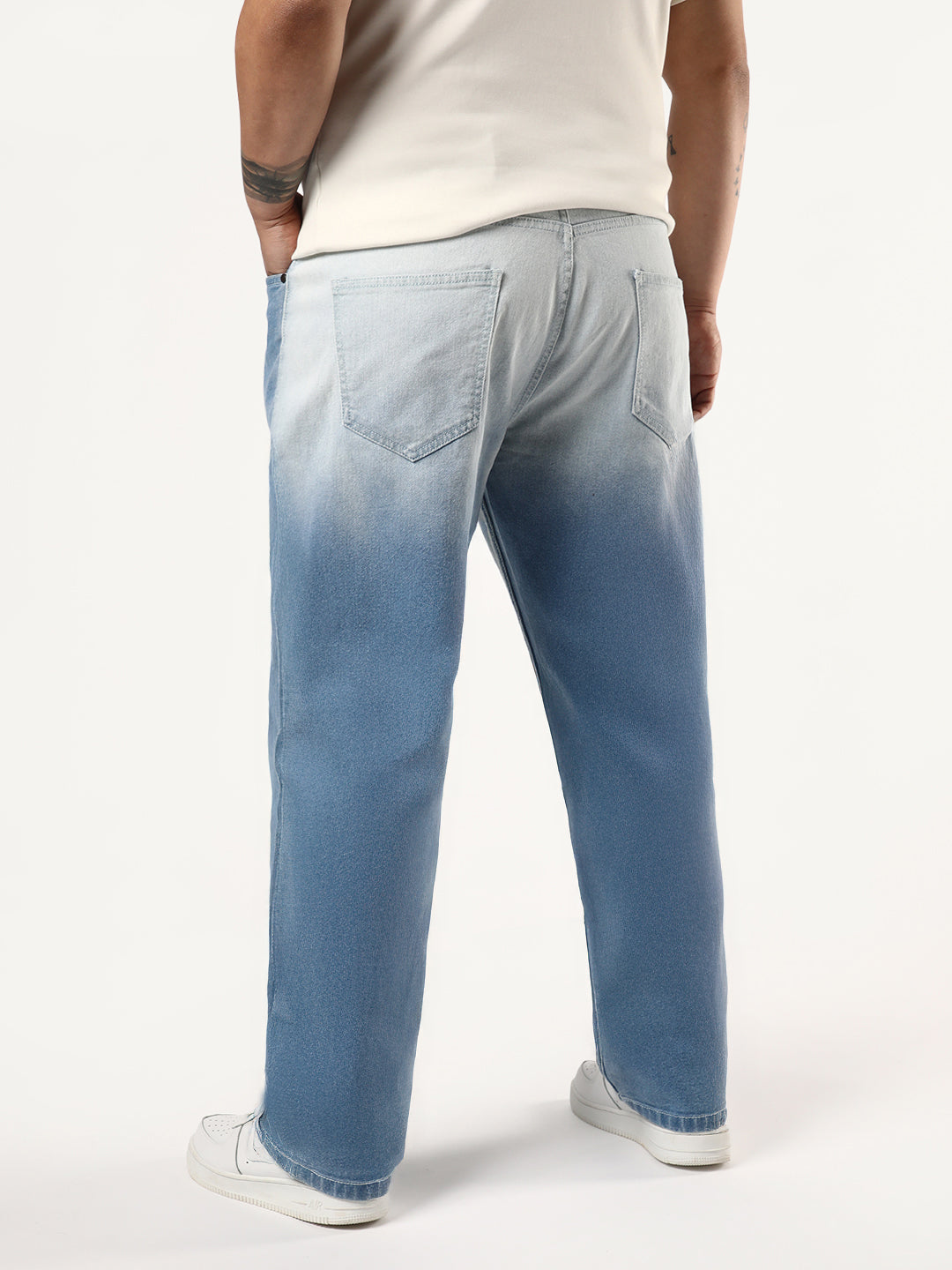 Plus Men's Ice Blue Straight Fit Heavy Washed Faded Denim Jeans Stretchable