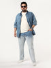 Plus Men's Ice Blue Straight Fit Heavy Washed Faded Denim Jeans Stretchable