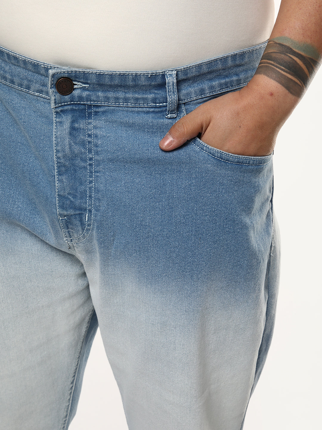 Plus Men's Ice Blue Straight Fit Heavy Washed Faded Denim Jeans Stretchable