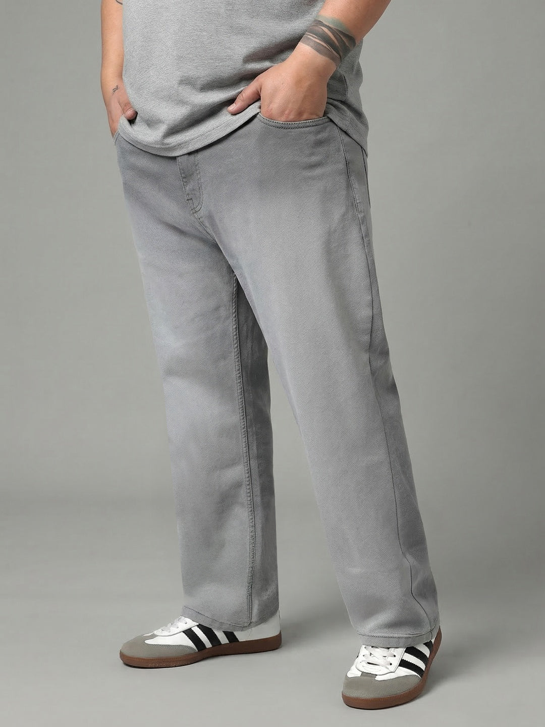 Plus Men's Ice Grey Straight Fit Heavy Washed Faded Denim Jeans Stretchable