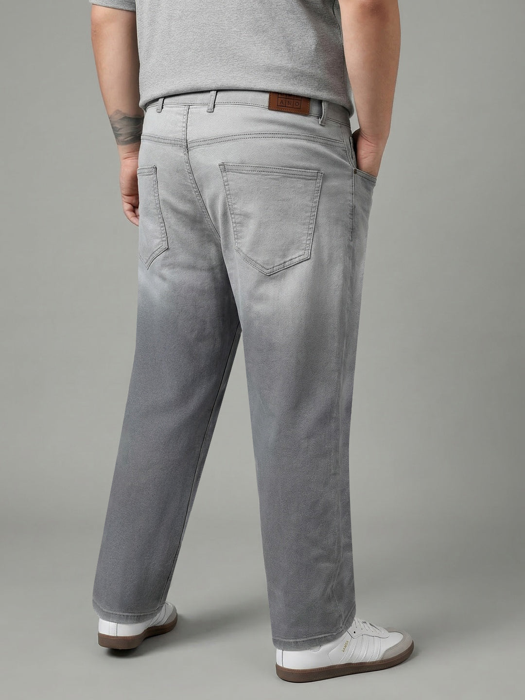Plus Men's Ice Grey Straight Fit Heavy Washed Faded Denim Jeans Stretchable