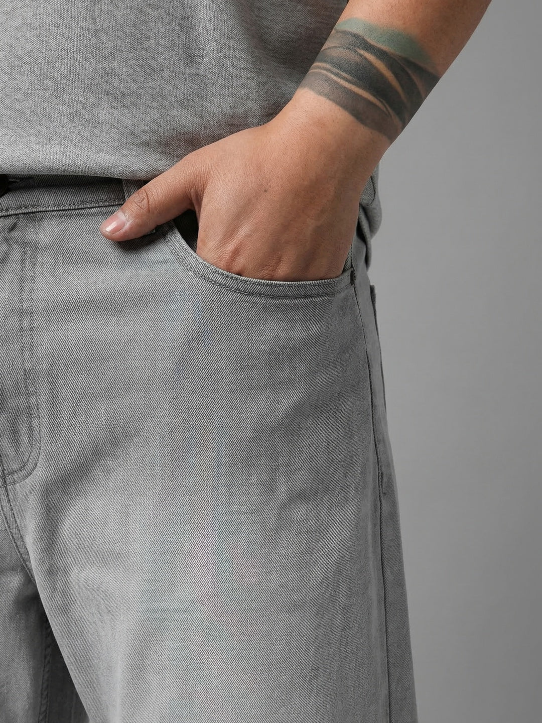 Plus Men's Ice Grey Straight Fit Heavy Washed Faded Denim Jeans Stretchable