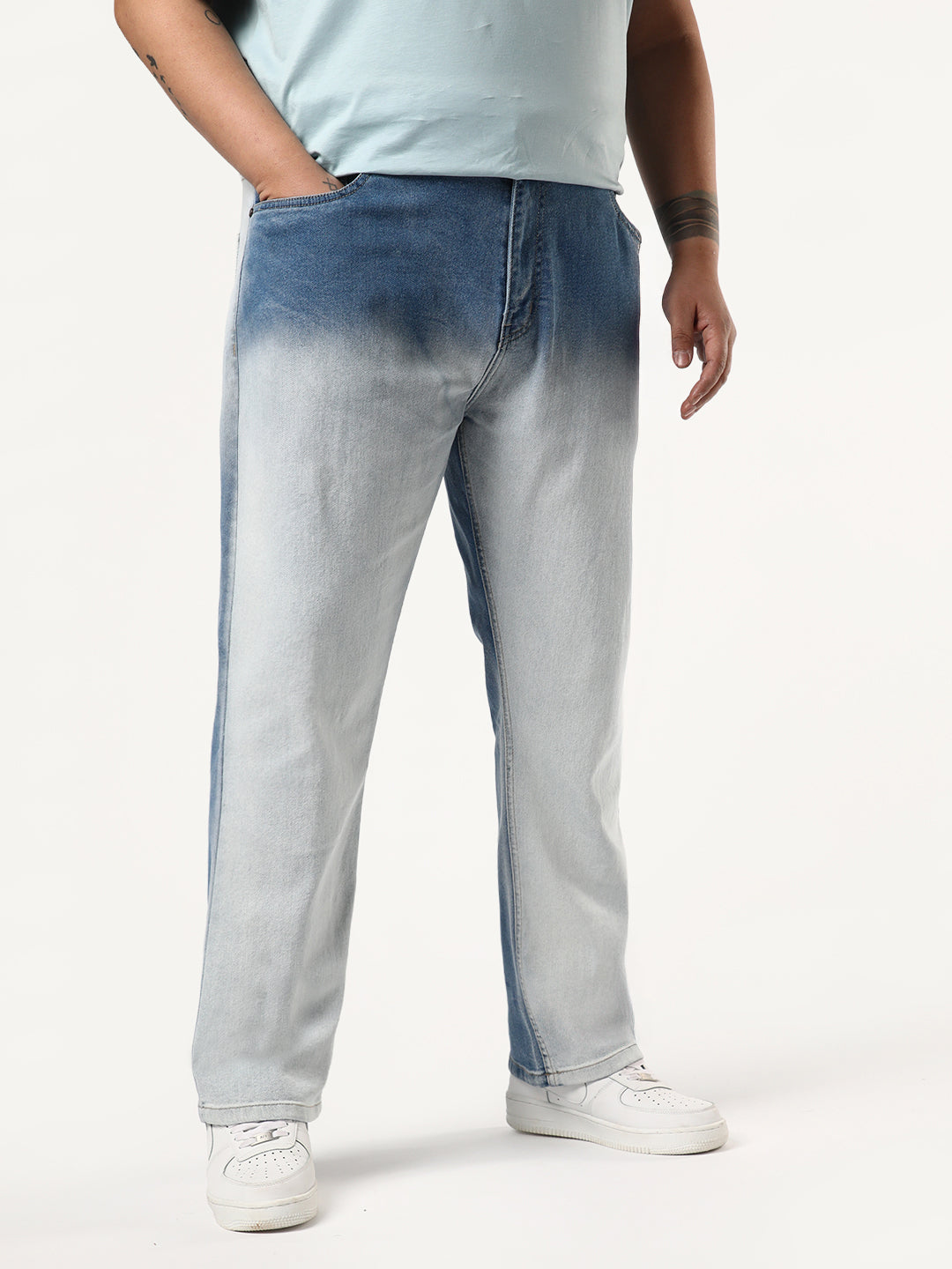 Plus Men's Light Blue Straight Fit Heavy Washed Faded Denim Jeans Stretchable