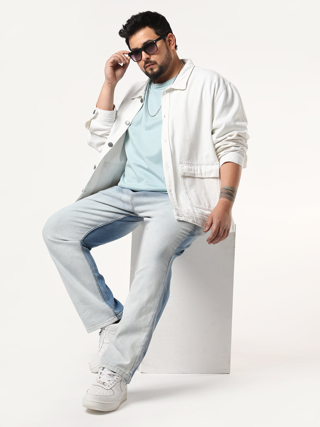Plus Men's Light Blue Straight Fit Heavy Washed Faded Denim Jeans Stretchable