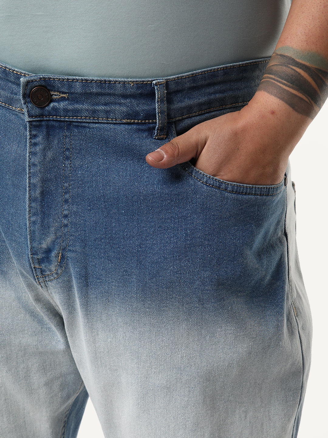 Plus Men's Light Blue Straight Fit Heavy Washed Faded Denim Jeans Stretchable