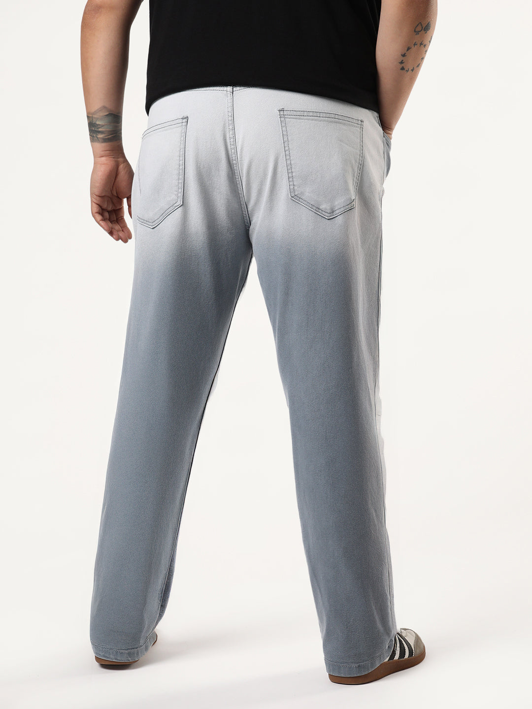 Plus Men's Light Grey Straight Fit Heavy Washed Faded Denim Jeans Stretchable