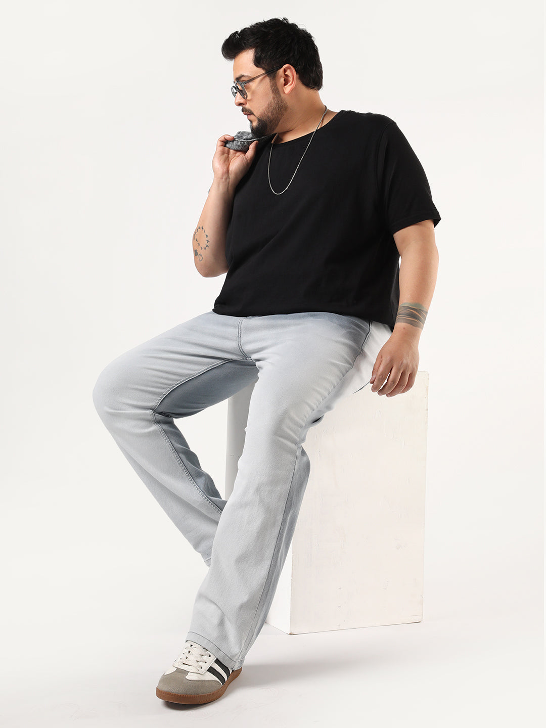 Plus Men's Light Grey Straight Fit Heavy Washed Faded Denim Jeans Stretchable