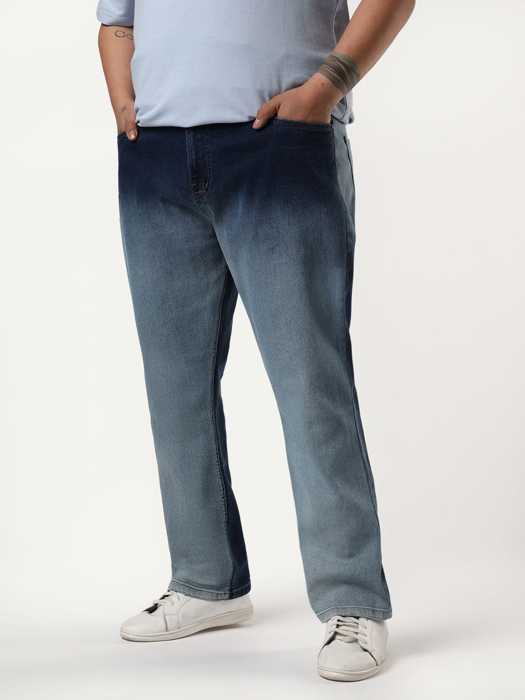 Plus Men's Blue Straight Fit Heavy Washed Faded Denim Jeans Stretchable