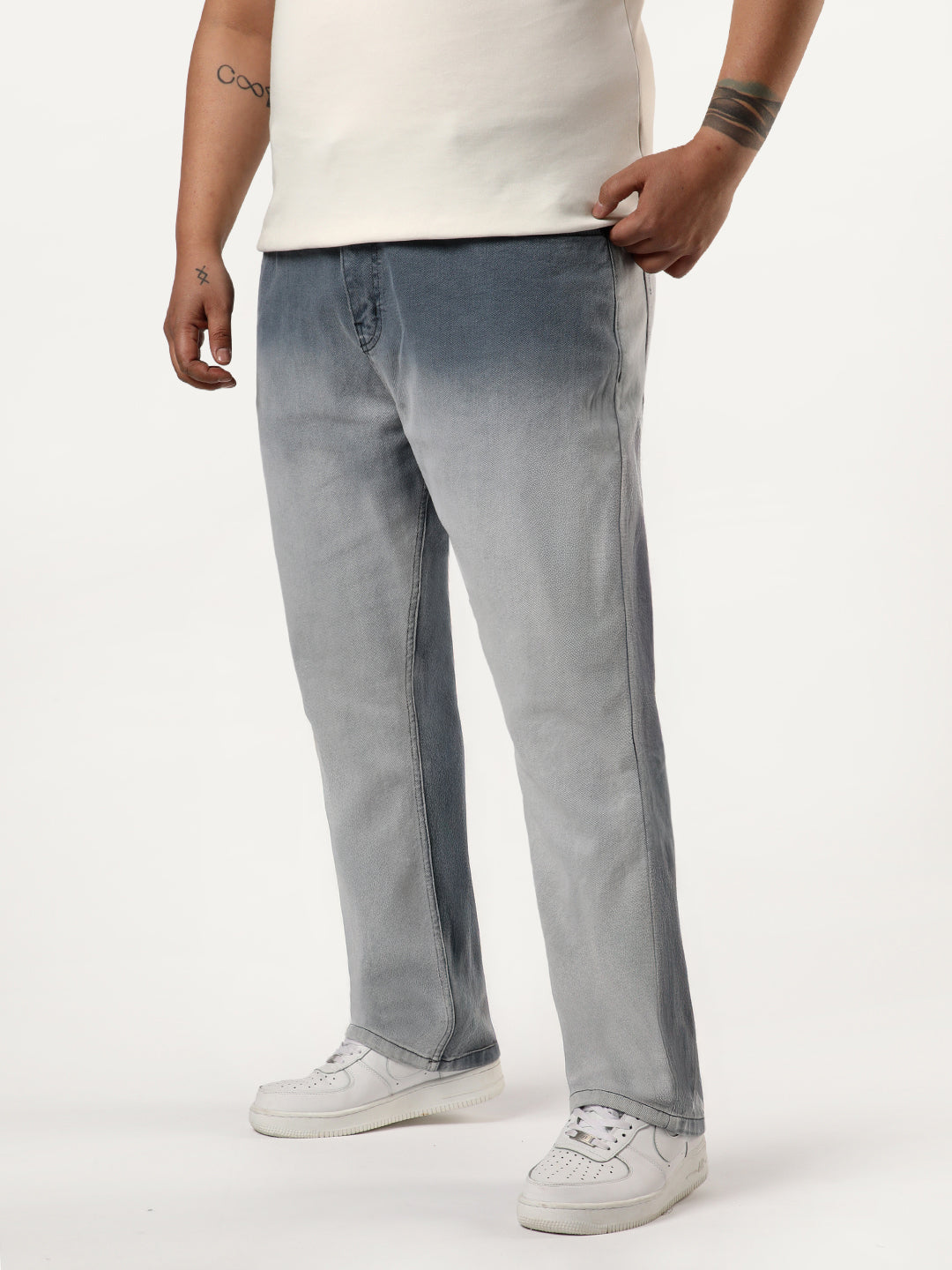 Plus Men's Grey Straight Fit Heavy Washed Faded Denim Jeans Stretchable
